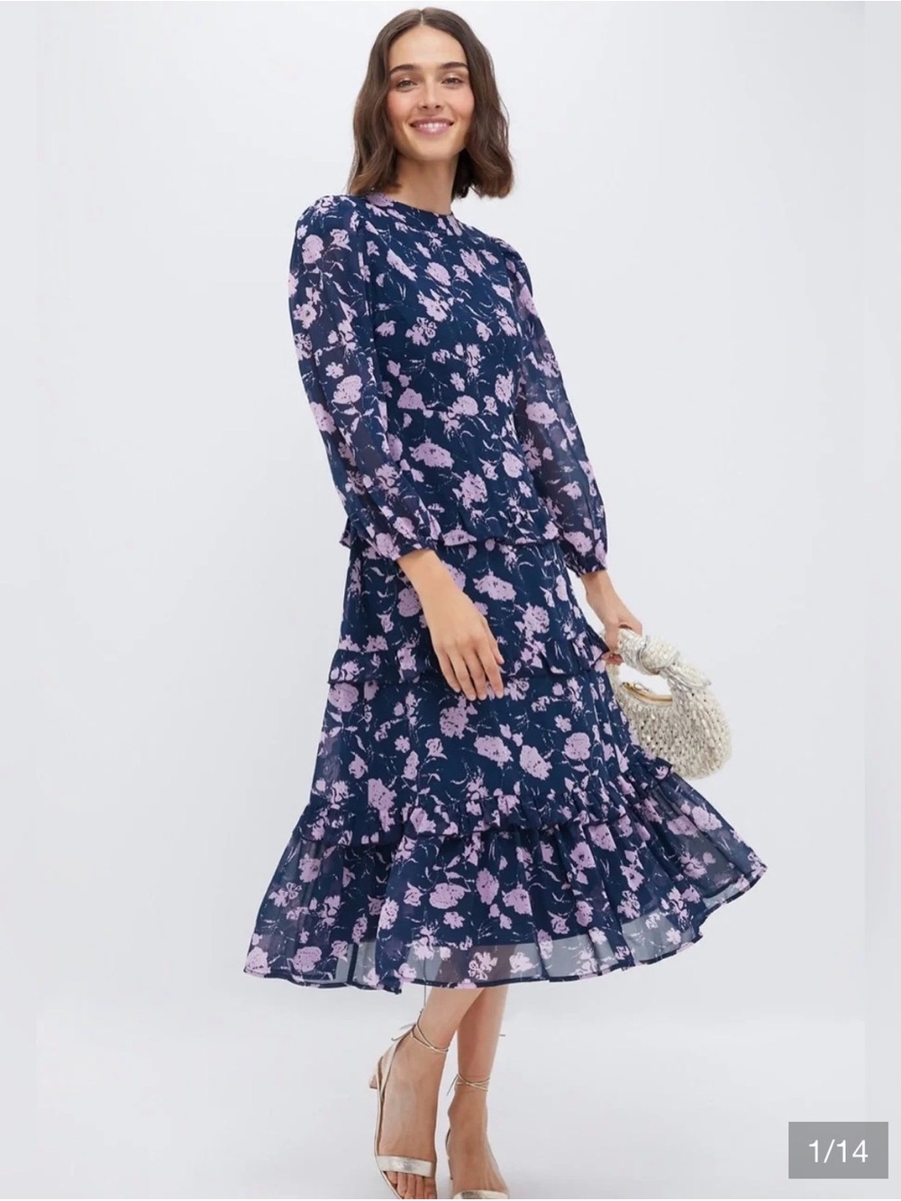 Like New Hyacinth House Navy & Blush Abstract Floral Rosalind Ruffle Dress